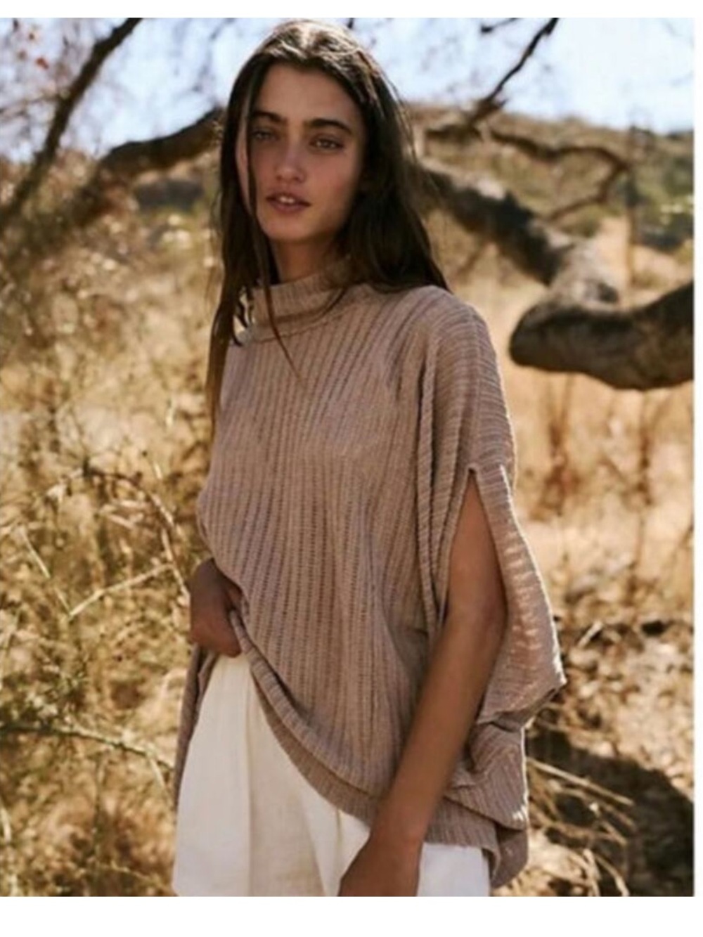 Free People Ribbed Mock Neck Oversized Poncho Sweater Taupe Small